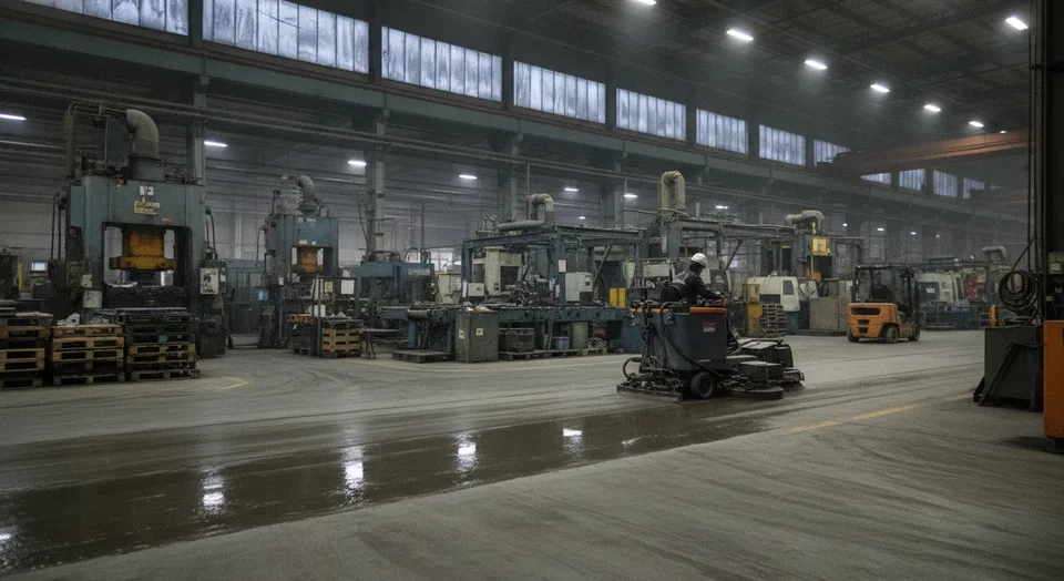 Cleaner running a ride-on floor scrubber down a warehouse aisle in Cambridge Ontario